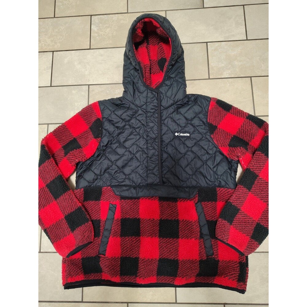 Columbia Sweet View Fleece Pullover Red & Black Plaid Hooded Size Large W/Pocket